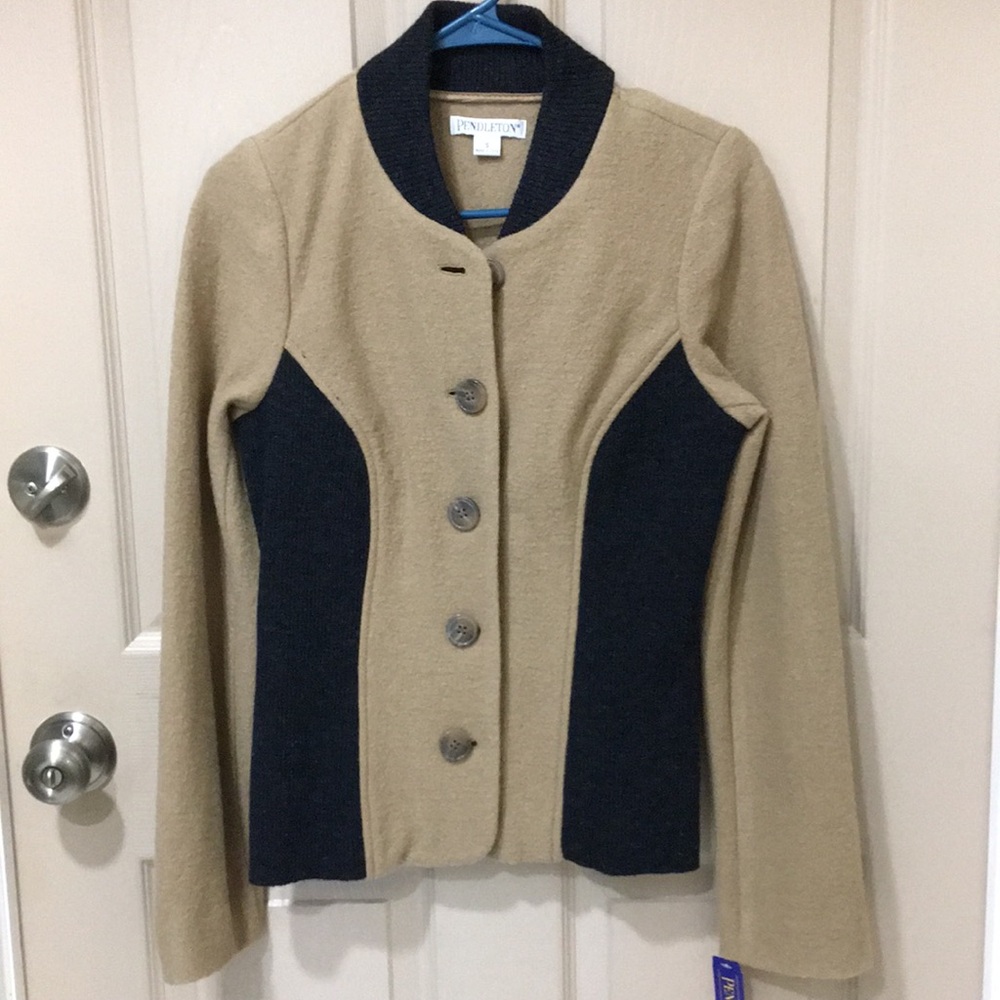 NWT Pendleton Women's Tan and Black Button-Up Blazer 100% Merino Wool SZ S